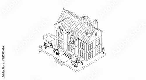 Isometric Line Art Illustration of a Large Mansion with Outdoor Cafe Patio - Architectural Outline Drawing for Coloring and Design