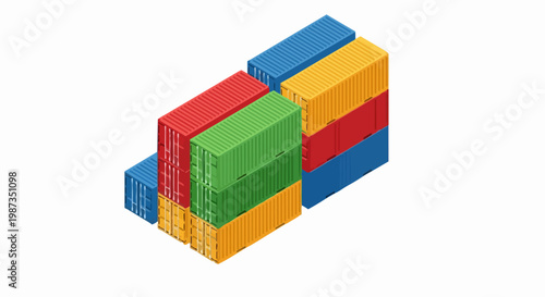 Isometric 3D Stack of Multi-Colored Shipping Containers for Global Logistics and Trade