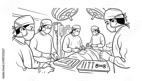 Surgeon team performing surgery in a modern operating room with medical equipment