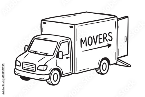 Empty moving truck with open cargo, line art illustration showing box truck labeled movers, rear door open, minimalist monochrome outline, iconographic style for logistics and delivery, suggests