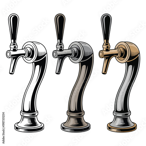 Three vintage style beer taps in varying metallic finishes are displayed