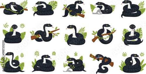 Black Snake Character Collection Set With Different Poses Coiled On Branches And Jungle Leaves Cartoon Vector Illustration Isolated On White Background