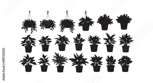 Potted house plants silhouettes collection for interior decoration home gardening and botanical studio vector graphics kit.