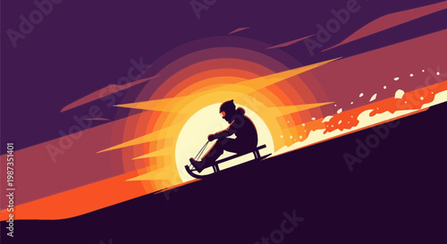 Silhouette Sledding Down Snowy Hill During Vibrant Sunset Sky