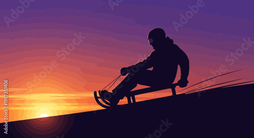 Silhouette Sledding Down Snowy Slope During Vibrant Sunset Sky