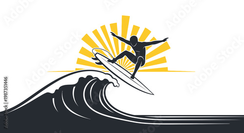 Silhouette Surfer Riding Ocean Wave Against Radiant Sunburst