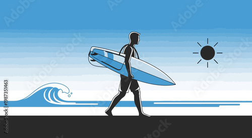 Silhouette Surfer Walks Towards The Ocean With Surfboard Under Sunny Sky