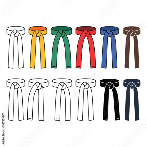 Illustration of colorful and black martial arts belts in a row