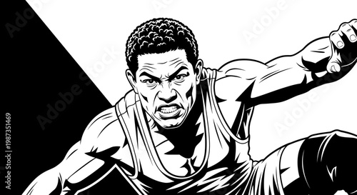 Dynamic black and white illustration of a determined male athlete in action.