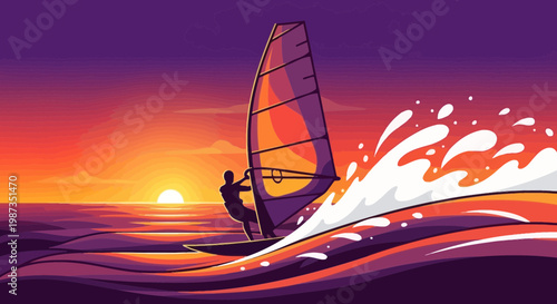 Silhouette Windsurfer Gracefully Rides Waves Against a Vibrant Sunset Sky