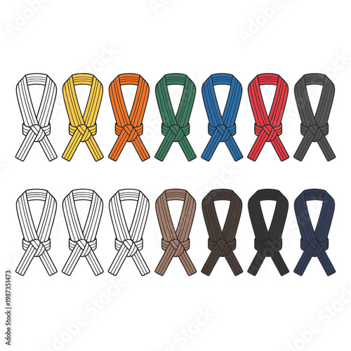 Colorful and monochrome martial arts belts depicting different skill levels