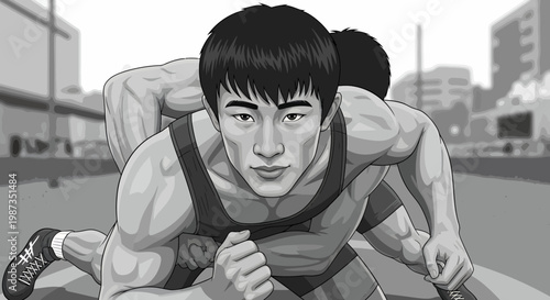 Determined Male Athlete Ready to Race on a City Street.