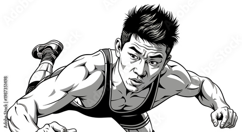 Dynamic black and white illustration of a determined male wrestler in action.