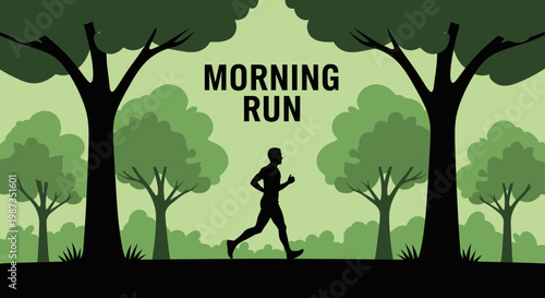 Silhouetted Runner In A Lush Forest Environment During Morning Hours