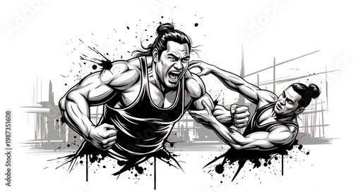 Dynamic Ink Sketch of Two Men Engaged in an Intense Fight.