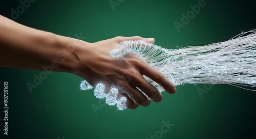Handshake symbolizes technology and human connection, set against a dark green backdrop