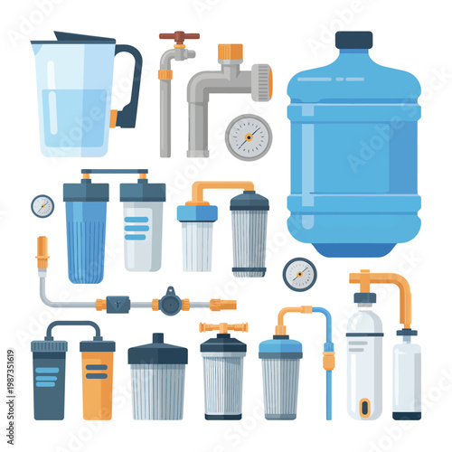 Water filtration system components in a colorful flat vector illustration