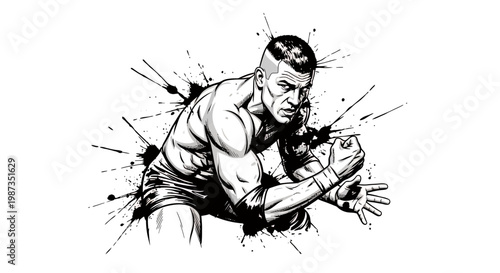 Dynamic Ink Splash Illustration of a Determined Fighter.