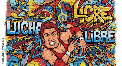 Dynamic Lucha Libre Wrestler Illustration with Graffiti Art Background.