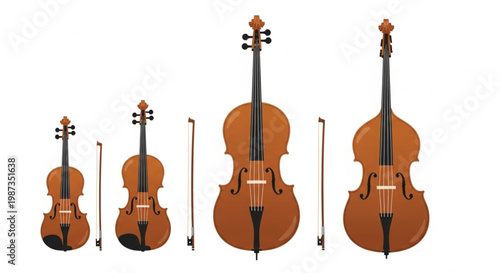 Minimalist black and white line art vector string instrument family set violin viola cello double bass bows