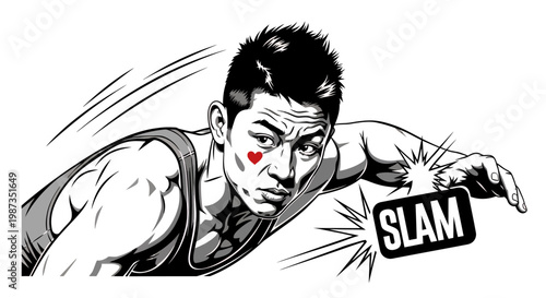Intense male athlete with a red heart on his cheek, slamming his hand down with determination.