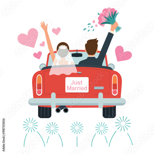 Just married couple drives off in a red car with floral bouquet