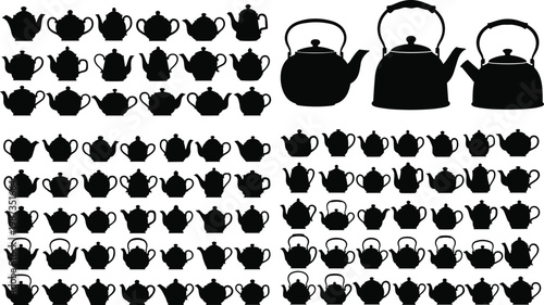Flat vector illustration, twenty teapot kettle silhouettes, diverse spout handle lid designs, black white kitchenware artwork, decorative concept