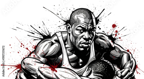 Intense Male Athlete Training with Dumbbell in Dynamic Ink Splatter Style.