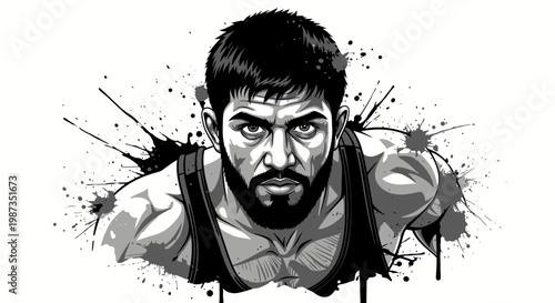 Intense Gaze of a Determined Man in a Dynamic Ink Splash Style.