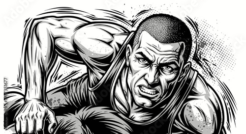Intense male wrestler in a dynamic, aggressive pose, black and white illustration.
