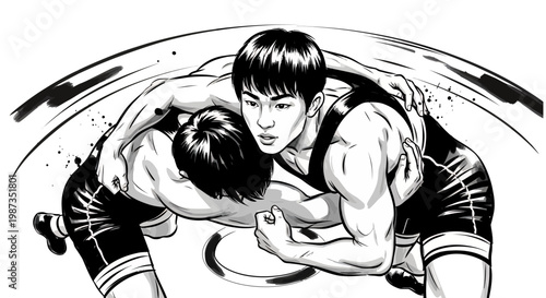 Two male wrestlers grappling intensely in a black and white illustration.