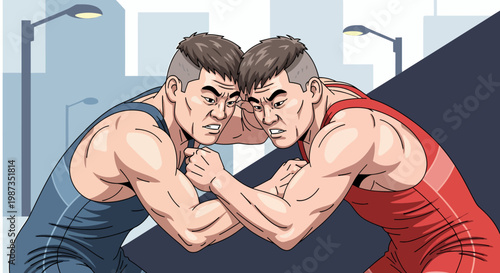 Two male wrestlers in blue and red singlets locked in a fierce grapple, showcasing strength and determination in a competitive match.