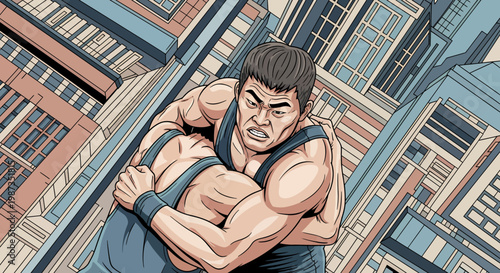 Two muscular wrestlers grappling intensely in a dynamic, comic book-style illustration with a city background.