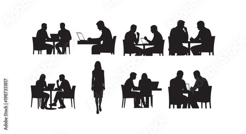 Professional office people silhouettes working on laptops and sitting at desks in corporate business workspace environment.