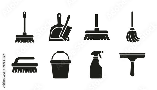 A versatile set of black vector icons representing essential cleaning tools and supplies. Ideal for service apps, websites, or infographics.