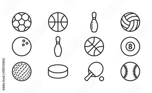 Clean, modern sports equipment vector icons. Ideal for web, apps, or graphic design. Features balls, pins, and pucks in a sleek outline style.