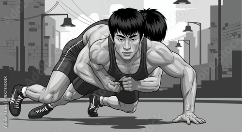 Two muscular wrestlers in a grappling stance, focused and determined, ready for a match in an urban setting.