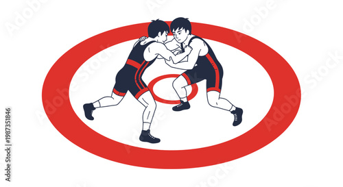 Two wrestlers grappling in a red oval ring.