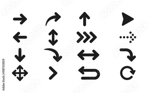 A versatile set of modern black vector arrow icons for UI, UX, web design, and digital navigation. Perfect for indicating direction, movement, and interaction.