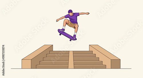 Skateboarder Captures Mid-Air Stair Jump In Dynamic Flat Design Style