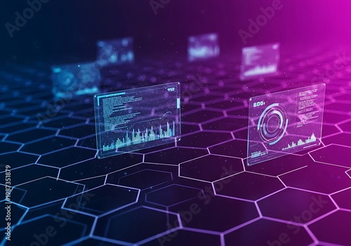 Digital holographic screens displaying data and code on a hexagonal grid
