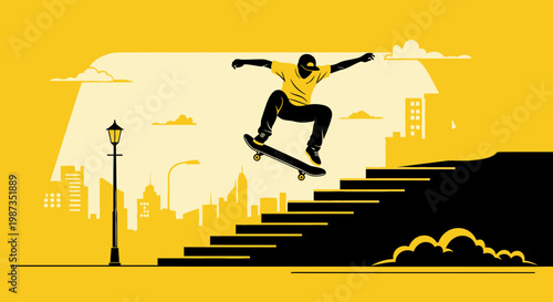Skateboarder Captures Urban Air With Dynamic Stair Jump Yellow Cityscape