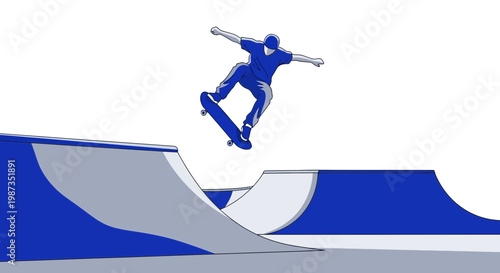 Skateboarder Captures Aerial Momentum Over Vibrant Blue Ramps