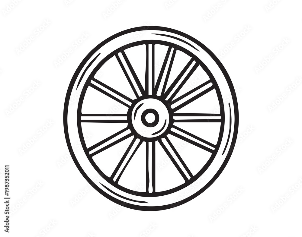 Obraz premium Rustic wooden carriage component. Historical carriage part featuring handcrafted spokes and circular rim. Old fashioned wooden wheel with intricate spokes and rustic charm reminiscent of past