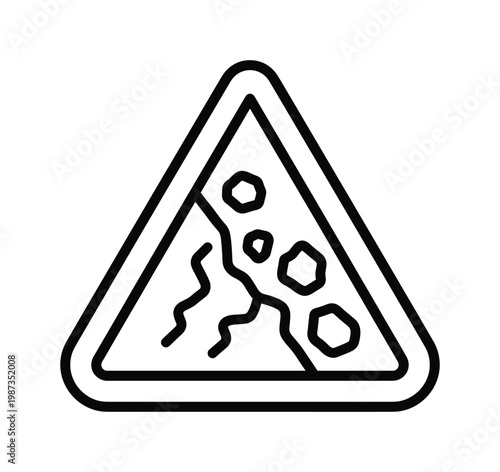 Black outline vector icon of falling rocks warning sign. Represents danger, landslide, or unstable terrain. Ideal for road safety, maps, or construction apps.