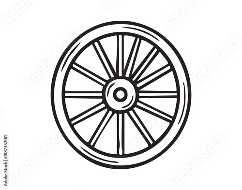 Rustic wooden carriage component. Historical carriage part featuring handcrafted spokes and circular rim. Old fashioned wooden wheel with intricate spokes and rustic charm reminiscent of past