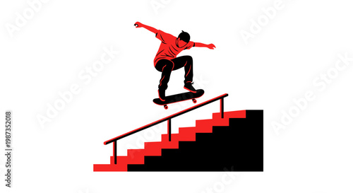 Skateboarder Grinding Down Stair Rail Dynamic Action Sport Illustration