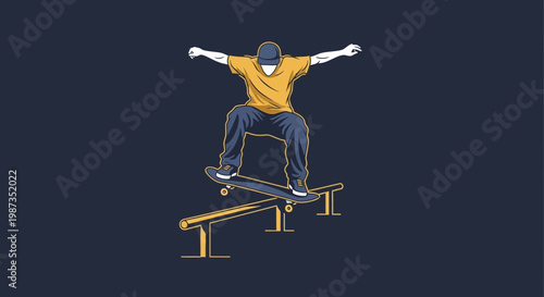 Skateboarder Grinding On Rail Action Sport Illustration