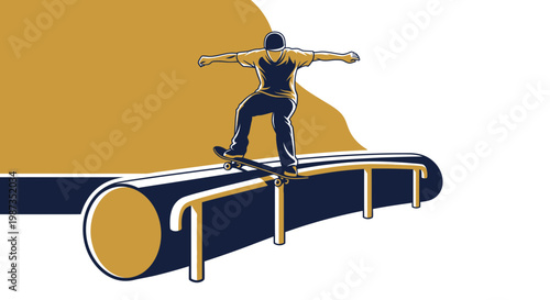 Skateboarder Grinds On Rail Dynamic Action Sports Illustration