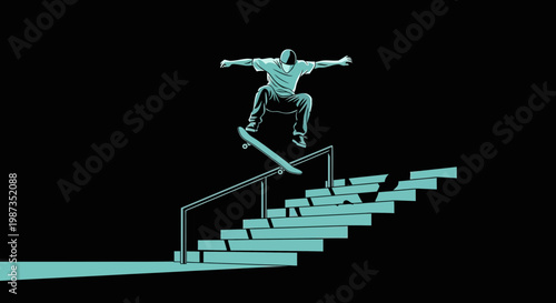 Skateboarder Performing A Rail Grind Down A Staircase With A Dark Background